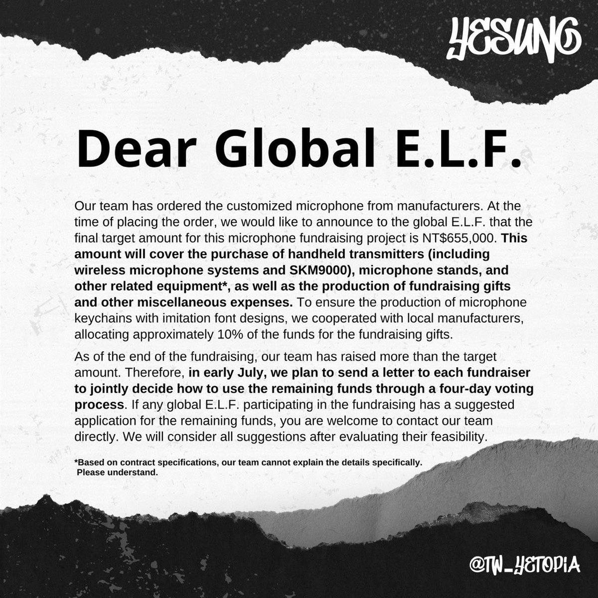 Dear Global E.L.F.

Our team has ordered the microphone!
To decide the usage of remaining funds, we will send an email and conduct a voting.

#TW_YeTopia #HappyYesungDay #예성 #Yesung #SuperJunior <a href="/shfly3424/">Yesung</a>