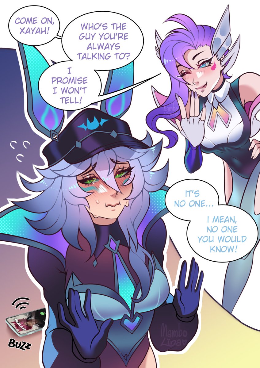 mambolina0's tweet photo. Anima Squad Seraphine &amp; Xayah ✨

💜Sera: “Come on, Xayah... Who is this guy you’re always talking to? I promise I won’t tell!”
🩵Xayah: “It’s no one... I mean no one you would know!” 😳

I TOLD YOU THIS VOICE LINE MADE ME DRAW THINGS! ✨✨✨

#leagueoflegends #artoflegends https://t.co/Z99w7fLK6S