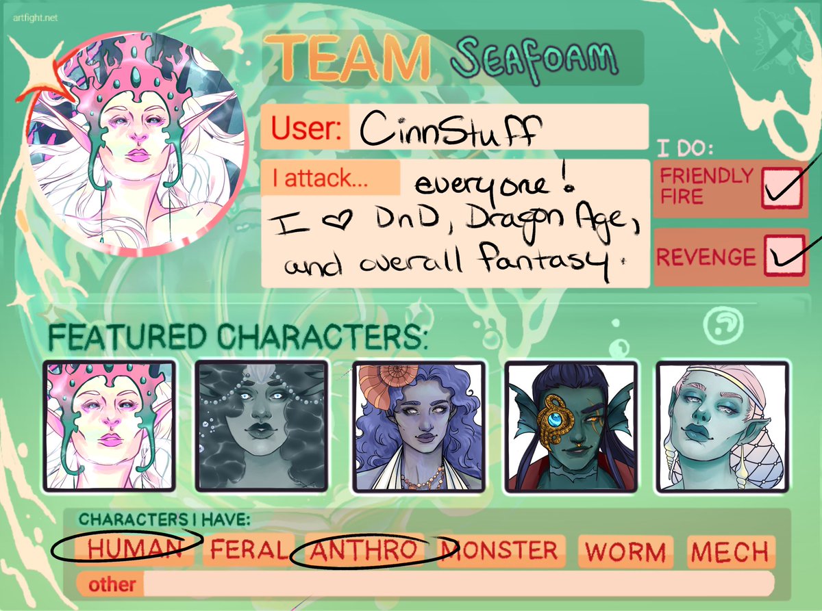 CinnStuff's tweet image. Excited for all the amazing art this year! Time to show off my underwater OCs! #artfight2024 #artfightseafoam
