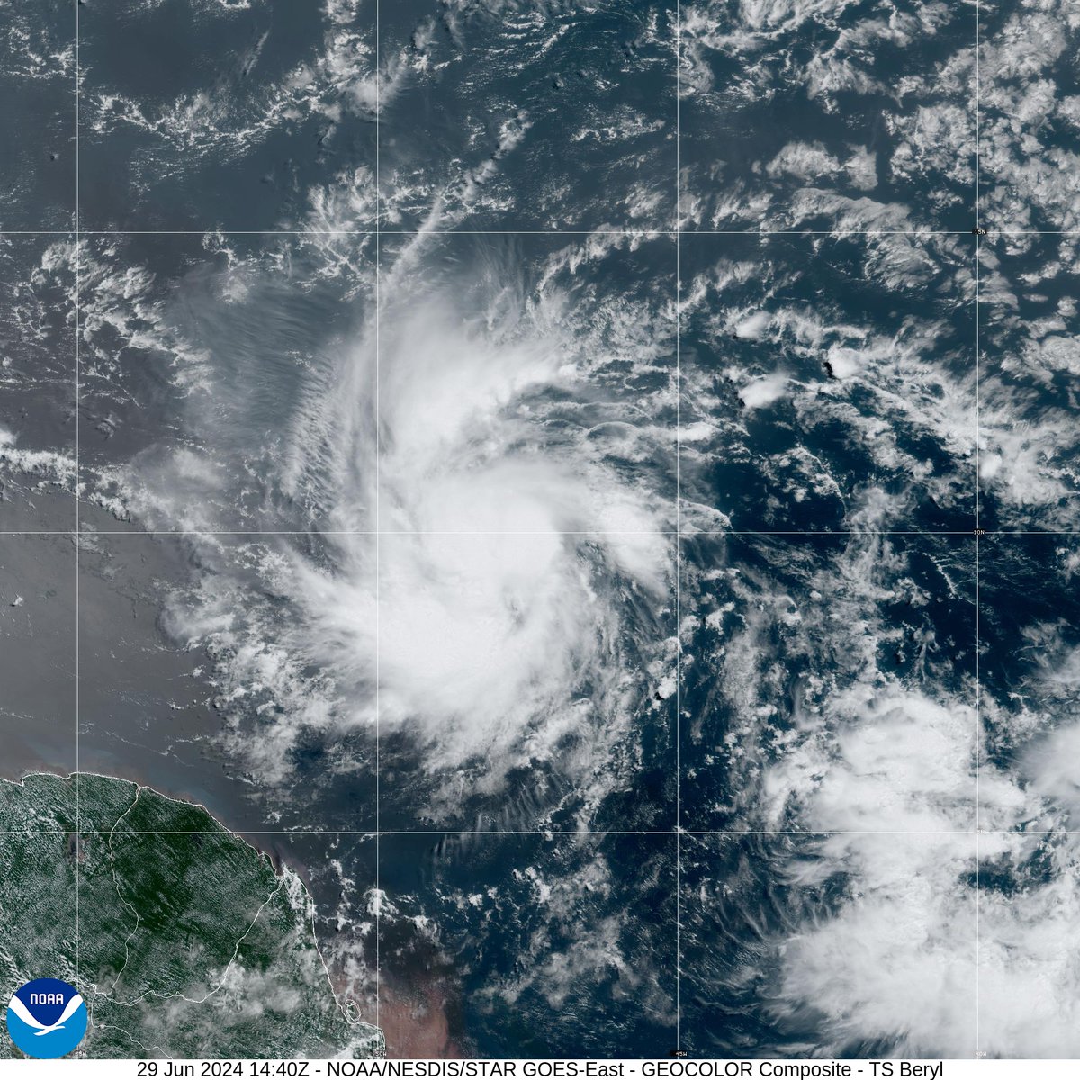 NHC_Atlantic's tweet photo. Here is the latest satellite image of strengthening Tropical Storm #Beryl.  Beryl is expected to rapidly strengthen and likely bring destructive hurricane-force winds and a life-threatening storm surge to portions of the Windward Islands.  Follow the latest at https://t.co/Wq6ZtKgfeH
