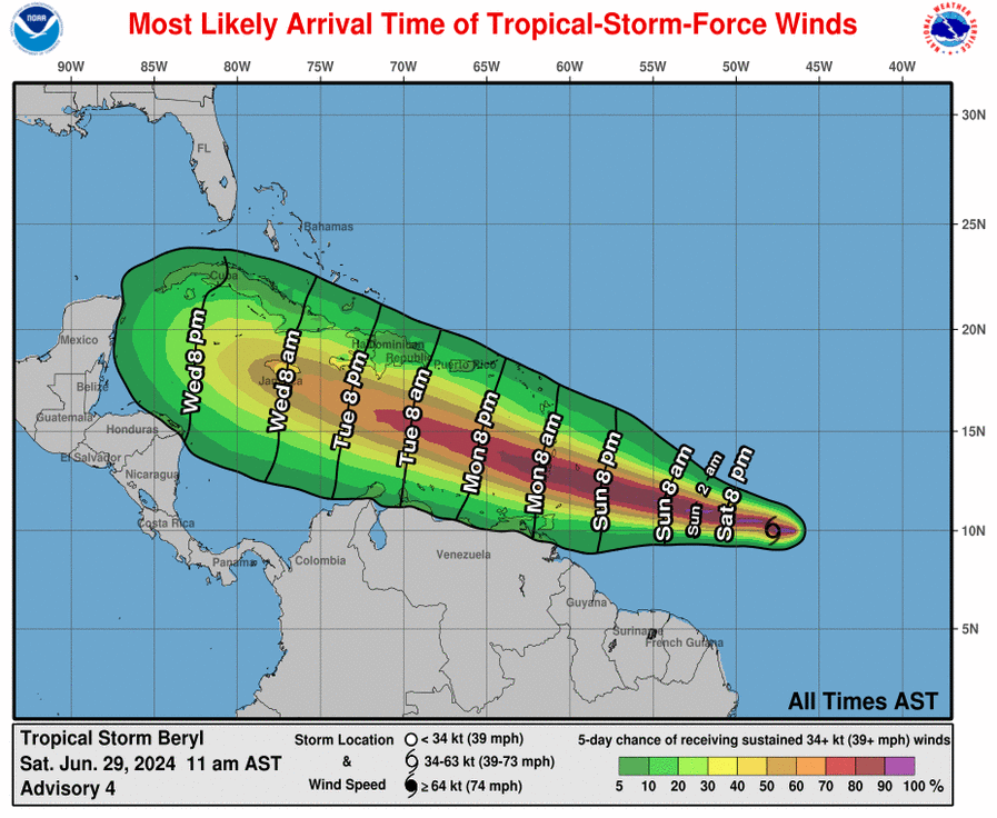 NHC_Atlantic's tweet photo. Here is the latest satellite image of strengthening Tropical Storm #Beryl.  Beryl is expected to rapidly strengthen and likely bring destructive hurricane-force winds and a life-threatening storm surge to portions of the Windward Islands.  Follow the latest at https://t.co/Wq6ZtKgfeH