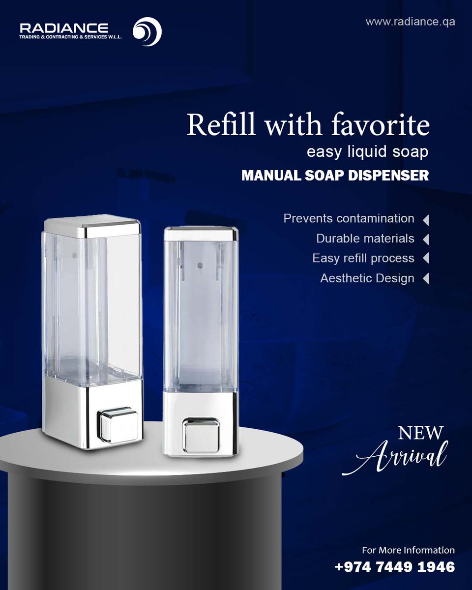 Introducing our NEW ARRIVAL! ✨🧿 Meet the Radiance Manual Soap Dispenser, your sleek and stylish solution to easy and hygienic hand washing.

For more information, dial ☎️+974 7449 1946 or visit radiance.qa 💧🙌