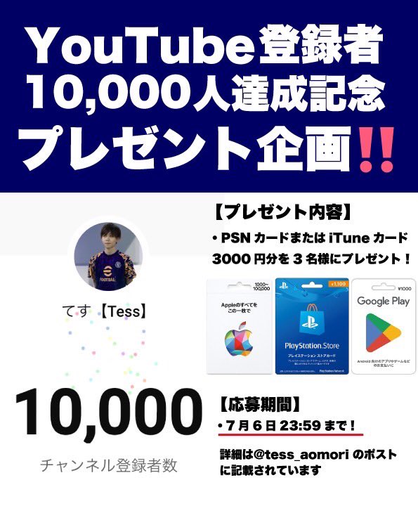 DRX_Tess's tweet photo. YouTube登録者1万人達成記念プレゼント企画🎁
PSNカードまたはiTunesカード3000円分を3名様にプレゼントします！⚽️

【参加方法】
・@tess_aomori @ryotin0120uta 
上記アカウントをフォロー✅
・この投稿をリポスト、いいね👍

📅応募期間
7月6日23:59まで
当選者にはDMが届きます！
#プレゼント企画 https://t.co/nHx2FxIp1X