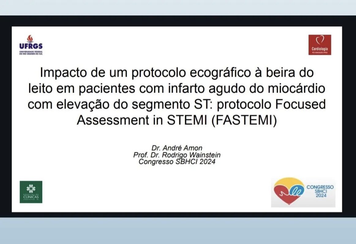 Rodrigo V. Wainstein, MD, PhD (@geicc3) on Twitter photo Very proud of our group! Best original study award in the <a href="/sbhci/">SBHCI</a> 2024 meeting. We assessed the impact of a complete POCUS protocol in STEMI patients and our findings have the potential to change the paradigm of care in these patients <a href="/guilhermehtelo/">Guilherme Teló</a> <a href="/andersondonelli/">Anderson Donelli da Silveira</a> Very proud of our group! Best original study award in the <a href="/sbhci/">SBHCI</a> 2024 meeting. We assessed the impact of a complete POCUS protocol in STEMI patients and our findings have the potential to change the paradigm of care in these patients <a href="/guilhermehtelo/">Guilherme Teló</a> <a href="/andersondonelli/">Anderson Donelli da Silveira</a>