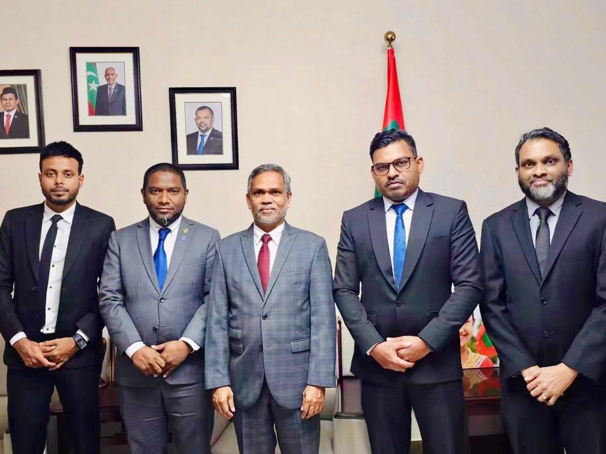 State Minister Dr. Amzath Ahmed, MD of Maldives Fisheries &amp; Ocean Resources Marketing and Promotion Corporation, Ahmed Zareer and others, paid a courtesy call on Ambassador Dr. Fazeel Najeeb at the Maldivian Embassy in Beijing. During the meeting, the team discussed opportunities