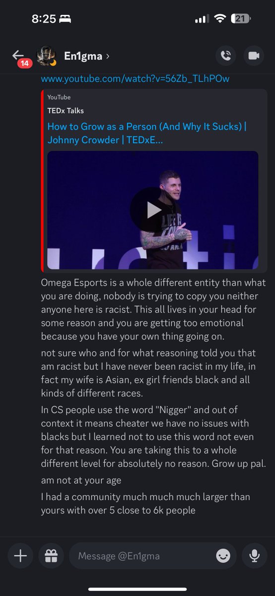 treatphd's tweet photo. @FACEIT_Darwin so how can I report a dude throwing around N bombs in my DMs and is building a community/hub on FaceIT? https://t.co/utWiggwhAA