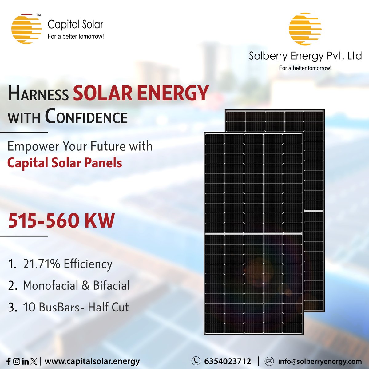 Capitalsol_2023's tweet image. Harness Solar Energy with Confidence! 🌞
Empower your future with Solberry's advanced solar panel solutions, designed for efficiency and reliability.
Call: 6354023712
#capitalsolar #solarpanelmanufacturers #panelmanufacturing #panels #solarpanels #india #ahmedabad