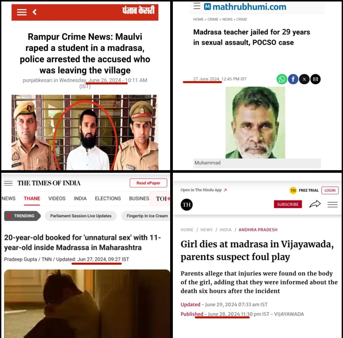 This week in Madarsa news:

- Maulvi Azizul Rehman arrested for raping a 12-year-old boy in Madarsa, for over a year in UP's Rampur. 

- Madarsa teacher Muhammad (58) sentenced to 29 years in jail and fined ₹2.5 lakh, for repeatedly raping a 12-year-old girl in Kerala's