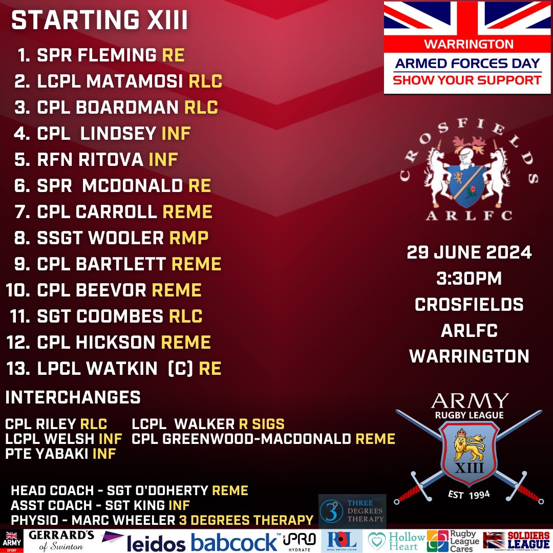Army Rugby League (@armyrugbyleague) on Twitter photo Army Rugby League Head Coach Sgt Karl O'Doherty has named his team for today's <a href="/sephtontrophy/">@sephtontrophy</a> match against <a href="/CrosfieldsRugby/">Crosfields Rugby</a>
Kicking off at 3:30pm entry here at Crosfields is free and the game will be streamed live on twitch.tv/armyrugbyleague
#ArmedForcesDay #ArmedForcesDay2024 Army Rugby League Head Coach Sgt Karl O'Doherty has named his team for today's <a href="/sephtontrophy/">@sephtontrophy</a> match against <a href="/CrosfieldsRugby/">Crosfields Rugby</a>
Kicking off at 3:30pm entry here at Crosfields is free and the game will be streamed live on twitch.tv/armyrugbyleague
#ArmedForcesDay #ArmedForcesDay2024
