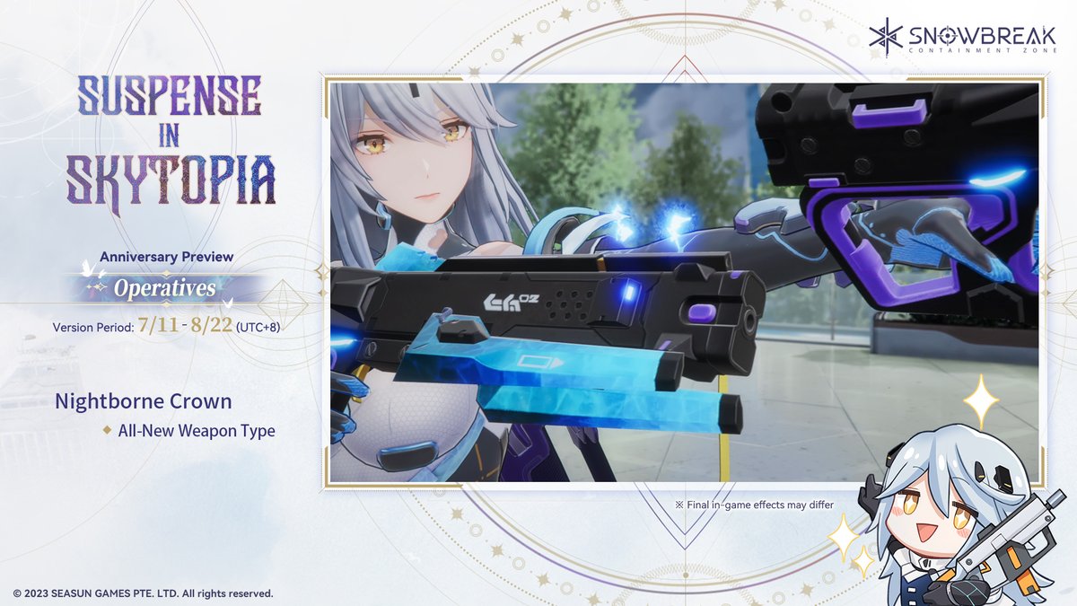 SnowbreakEN's tweet photo. ["Suspense in Skytopia" Anniversary Prize Draw Event ]-New Exosuits

As new challenges arise, Lyfe and Fenny have transformed into all-new forms to defend the Adjutant. Come and take a look.[Surprise Gift Code]: GreatWaifus

Adjutants, repost the post for a chance to win exciting prizes!

📍 Event Prizes:
A total of 100 eligible participants following the official Facebook or X (Twitter) will be selected to receive [Manifestation Echo Covenant x10] 🤩

📍 How to Participate:
Step 1: Follow the Snowbreak: Containment Zone official Facebook or X (Twitter).
Step 2: Repost the specified post to your own account with UID and server information.

📍 Event Period:
From today to 2024/07/20 23:59 (UTC+8)

#Snowbreak