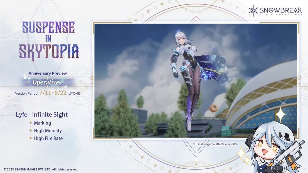 SnowbreakEN's tweet photo. ["Suspense in Skytopia" Anniversary Prize Draw Event ]-New Exosuits

As new challenges arise, Lyfe and Fenny have transformed into all-new forms to defend the Adjutant. Come and take a look.[Surprise Gift Code]: GreatWaifus

Adjutants, repost the post for a chance to win exciting prizes!

📍 Event Prizes:
A total of 100 eligible participants following the official Facebook or X (Twitter) will be selected to receive [Manifestation Echo Covenant x10] 🤩

📍 How to Participate:
Step 1: Follow the Snowbreak: Containment Zone official Facebook or X (Twitter).
Step 2: Repost the specified post to your own account with UID and server information.

📍 Event Period:
From today to 2024/07/20 23:59 (UTC+8)

#Snowbreak