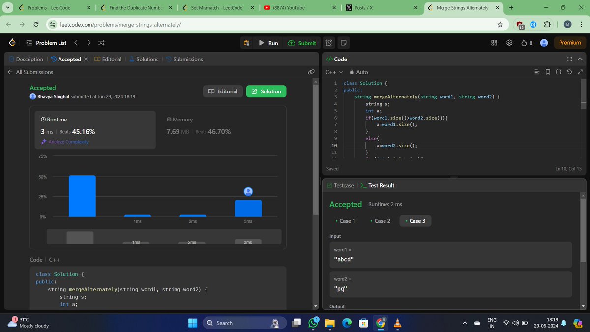 bhavya_sin26's tweet photo. 🧑‍💻Day2/21 of LeetSpace
  Question - Leetcode(1768)Merge Strings Alternately
@codespaceclub #Leetspace https://t.co/rtQJZm10Zz
