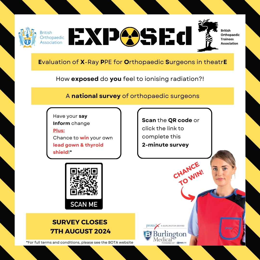 ☢️ EXPOSEd: Evaluation of X-Ray PPE for Orthopaedic Surgeons in theatrE. 

Attention T&amp;O surgeons, trainees and doctors! Please complete this 2-minute survey to provide big data to inform change. PLUS chance to win your own fitted ProtecX lead gown! bit.ly/3VMdqBw