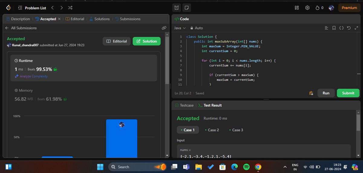 KunalChandra777's tweet image. Day 1 of #30DaysofCodingChallenge
Platform-#Leetcode
Problem solved-1)Maximum subarray sum
 2)Spiral Matrix problem

#coding #tech #Java