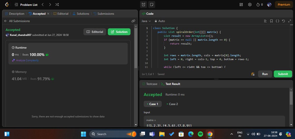KunalChandra777's tweet image. Day 1 of #30DaysofCodingChallenge
Platform-#Leetcode
Problem solved-1)Maximum subarray sum
 2)Spiral Matrix problem

#coding #tech #Java