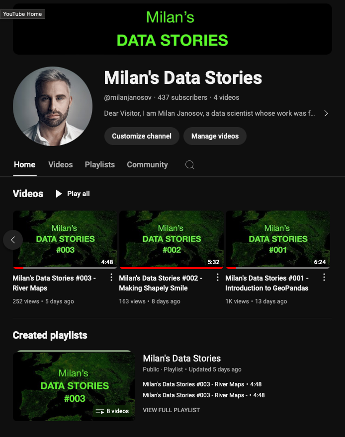 milan_janosov's tweet image. Have you signed up for my weekly Python and geospatial data bits yet? New episodes every Tuesday and Thursday - join here:

youtube.com/channel/UCmpJA…

#youtube #GIS #spatialanalytics #geospatialdata #geospatial #datascience #datavisualization