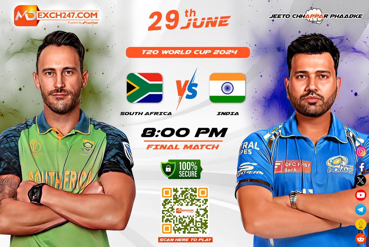 MDExch247's tweet photo. 📅 29th June🌐 T20 World Cup 2024
⚔️ South Africa vs India🕗 8:00 PM📍 Final Match

🔒 100% Secure | 📱 Scan Here to Play
#Cricket #T20WorldCup2024 #SAvIND #CricketFinal #LiveCricket #WorldCupFinal #CricketFans #INDvENG https://t.co/lXOgL3vYh0