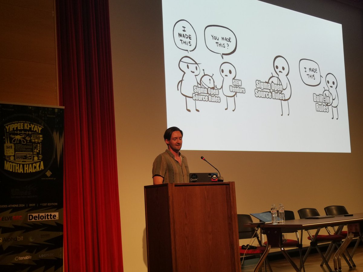 nikopissanidis's tweet photo. Alex Sinnott (Security Engineer at #Wise) -- #Sigma: Decoding the #Future of #Detection #BSidesAth #BSidesAth2024 https://t.co/FsvjvbFFkG