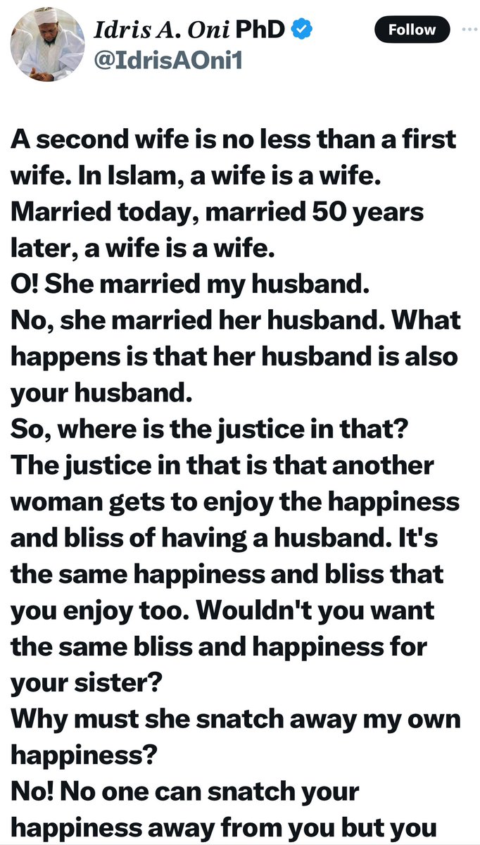 instablog9ja's tweet photo. A second wife is not junior to a first wife — Islamic Scholar educates women https://t.co/GRCcwtsA10