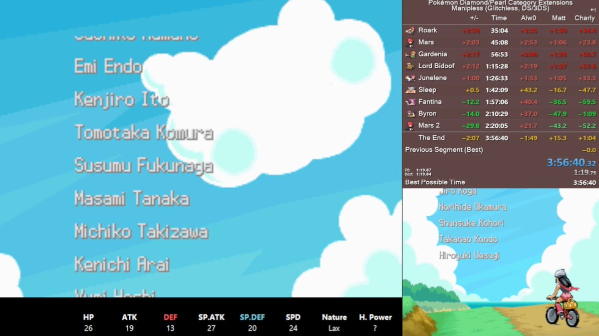 Nouveau PB de <a href="/J_Cayoche/">Cayoche</a> :
Pokémon Pearl Glitchless Manipless en 3h56m40s. 

Le résultat d'un long grinding de plusieurs mois.
FF runners never ForFeit.