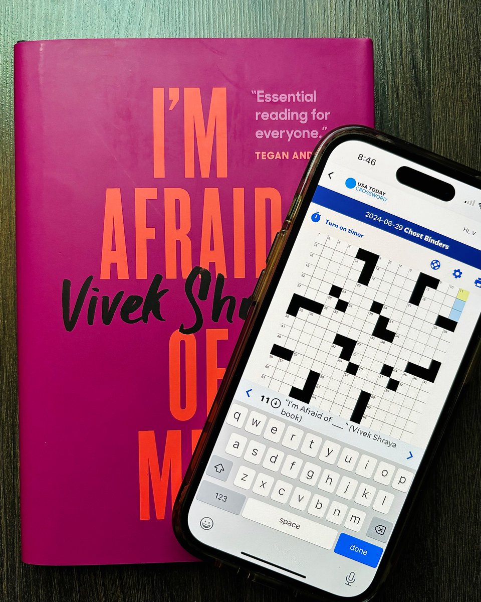 vivekshraya's tweet photo. Freaking out that my book is in the @USATODAY weekend crossword wut 🤯
#imafraidofmen https://t.co/Tk9WZgpDSm