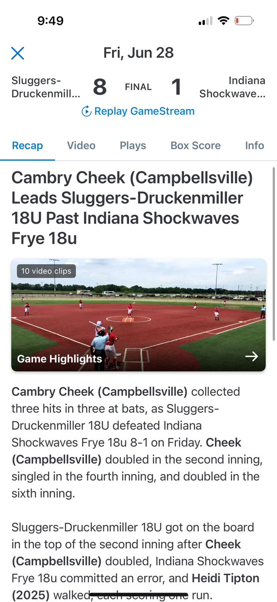 Cambry Cheek (@cambrycheek) on Twitter photo Had a great Thursday and Friday with <a href="/Sluggers16CMAR/">Sluggers 18U Druckenmiller</a> in Indiana with a .500 BA. I loved getting to play for my old coach, Chris! Had a great Thursday and Friday with <a href="/Sluggers16CMAR/">Sluggers 18U Druckenmiller</a> in Indiana with a .500 BA. I loved getting to play for my old coach, Chris!