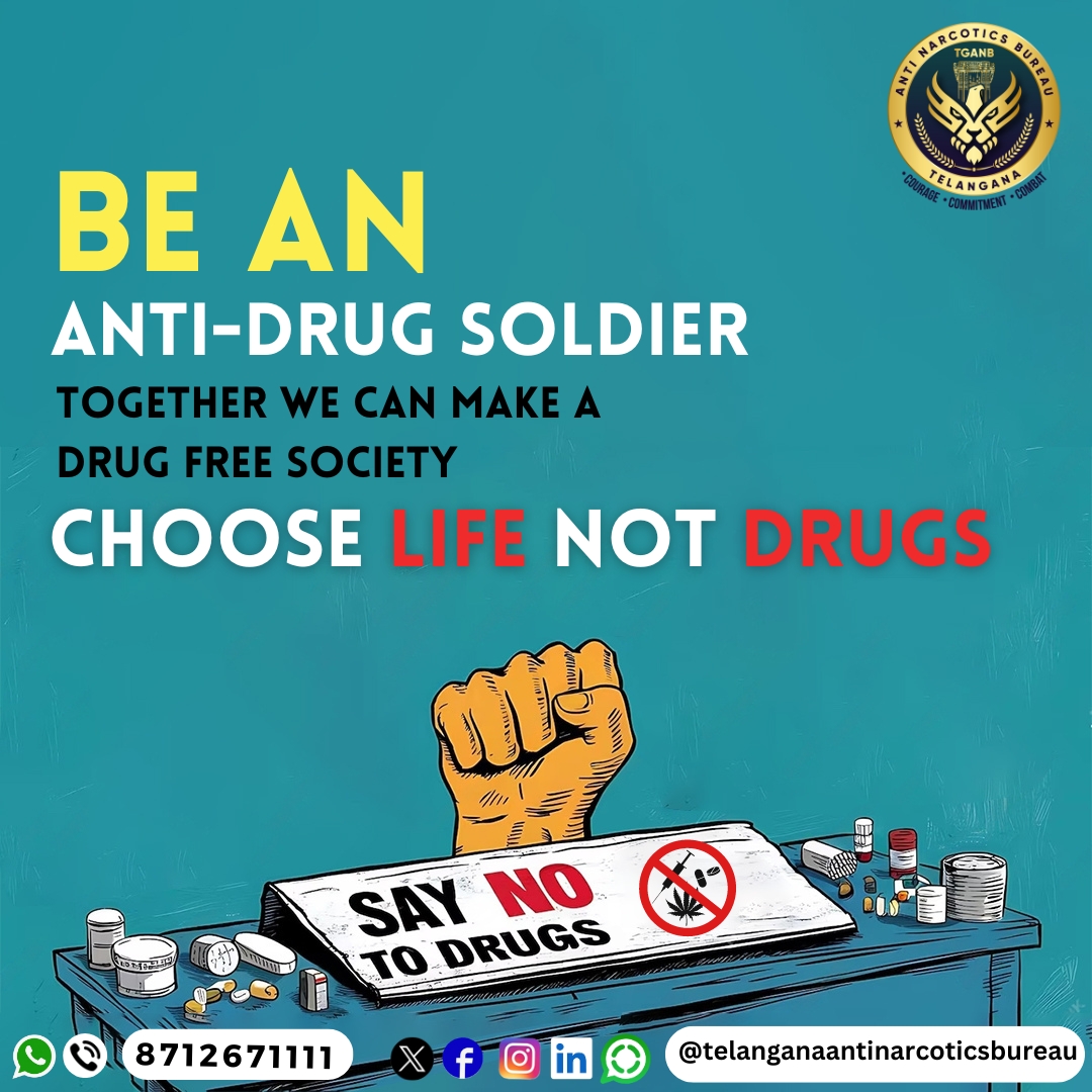 EAGLE_TELANGANA's tweet photo. Be an Anti-Drug Soldier. Together we can make a Drug Free Society.
@TelanganaDGP @director_tsnab @narcoticsbureau
@CVAnandIPS @TelanganaCOPs @hydcitypolice @cyberabadpolice @RachakondaCop @NMBA_MSJE @UNODC @SP_Nalgonda
#telanganaantinarcoticsbureau #tgnab #DrugfreeTelangana https://t.co/t8yCUw5vYk