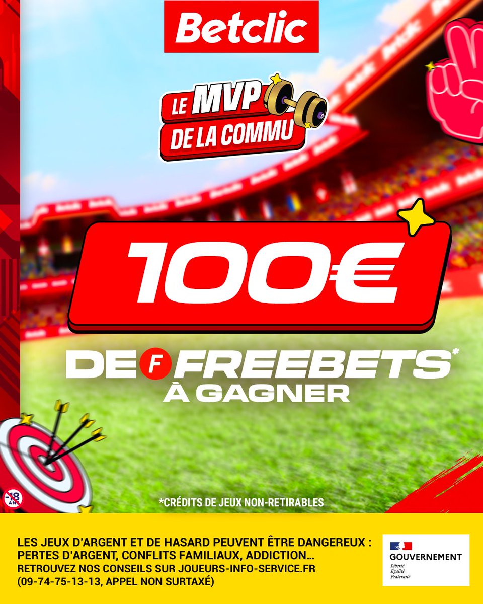 Betclic's tweet image. 🤩 IL EST DE RETOUR POUR LES PHASES FINALES ! Gagne 100€ de Freebets et deviens le nouveau #MVPdeLaCommu ⚽️

❓ Combien de buts seront inscrits dans le match Suisse - Italie ?

RT + ton prono avec le #MVPdeLaCommu pour participer 👌