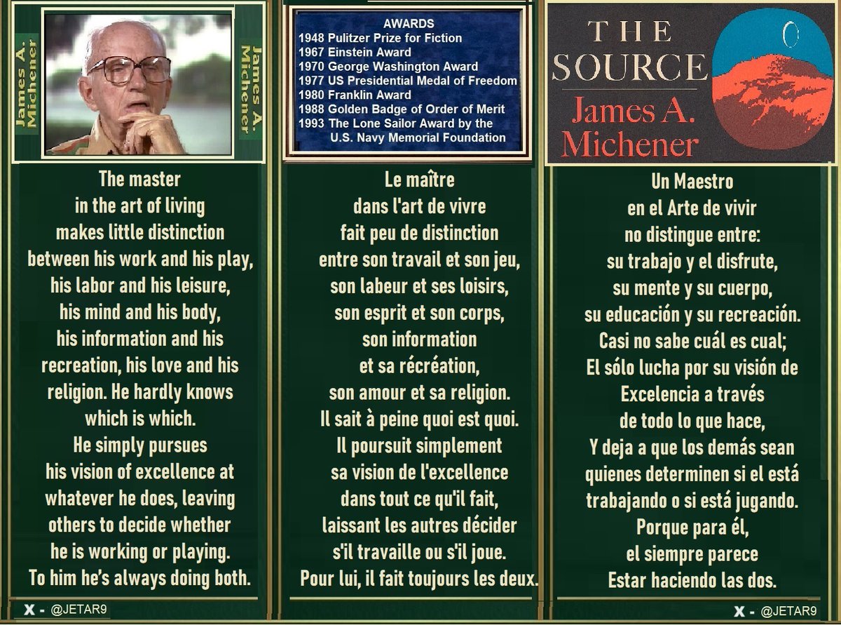 JETAR9's tweet photo. Because a boy who could read would sooner or later come upon some book that would give him an idea, and a boy with an idea could accomplish almost anything.
#JamesAMichener Hawaii #Mindfulness
#Wisdom #Wise #Life
/
Un enfant qui sait lire tombe tôt ou tard sur un livre qui lui donne des idées et, avec des idées on arrive pratiquement à tout.
#JamesAlbertMichener Hawaii #PleineConscience
#Sagesse #Sage #LaVie
/
Porque un niño que sabe leer, tarde o temprano encontrará un libro que le dará una idea, y un niño con una idea puede lograr casi cualquier cosa.
#JAMichener Hawái #AtenciónPlena
#Sabiduría #Sabio #LaVida /