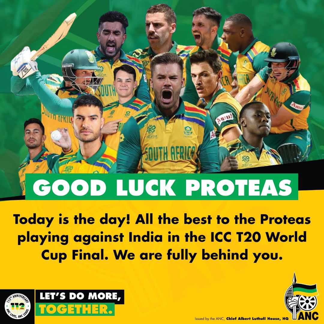 Wishing the Proteas the best of luck in the 2024 #T20WorldCup Final against India! The whole nation stands united behind you.

Good luck, Proteas! Make us proud!

#LetsDoMoreTogether