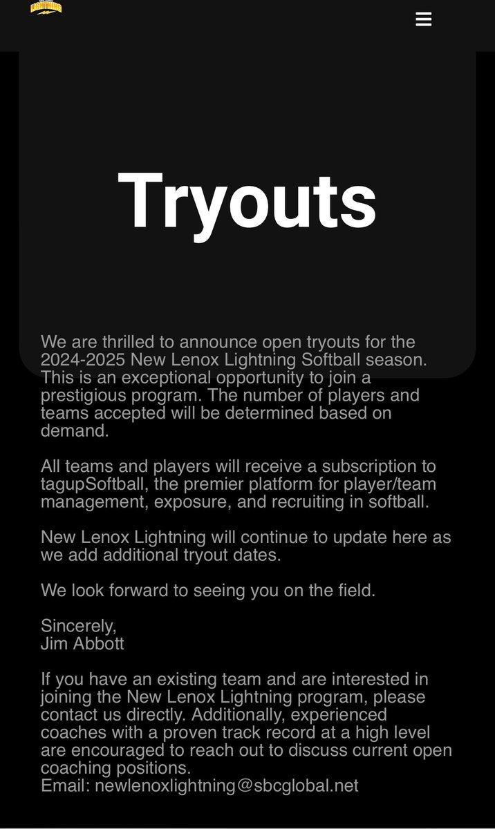 Here is your opportunity to join a local organization that plays a national schedule. Player development with maximum college exposure. Register: newlenoxlightning.com ⚡️

✅ IDT
✅ Easton Rawlings Invitational
✅ Top Gun Maverick 
✅ Space Coast FL
✅ PGF Nationals CA