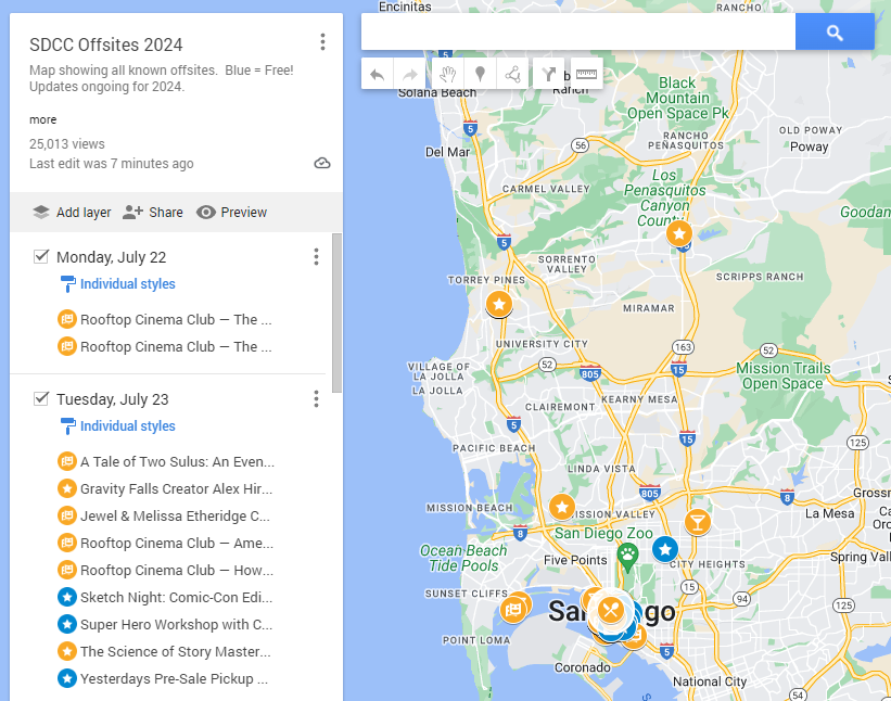 SDCCMapper's tweet image. Hi everyone. Happy to report the updating script for the #SDCC offsite map's been fixed! Sorry for any inconvenience.  I will continue to update the #SDCC2024 map until con. Thanks as always to
@SD_Comic_Con for their offsite info!   bit.ly/SDCC2024Map