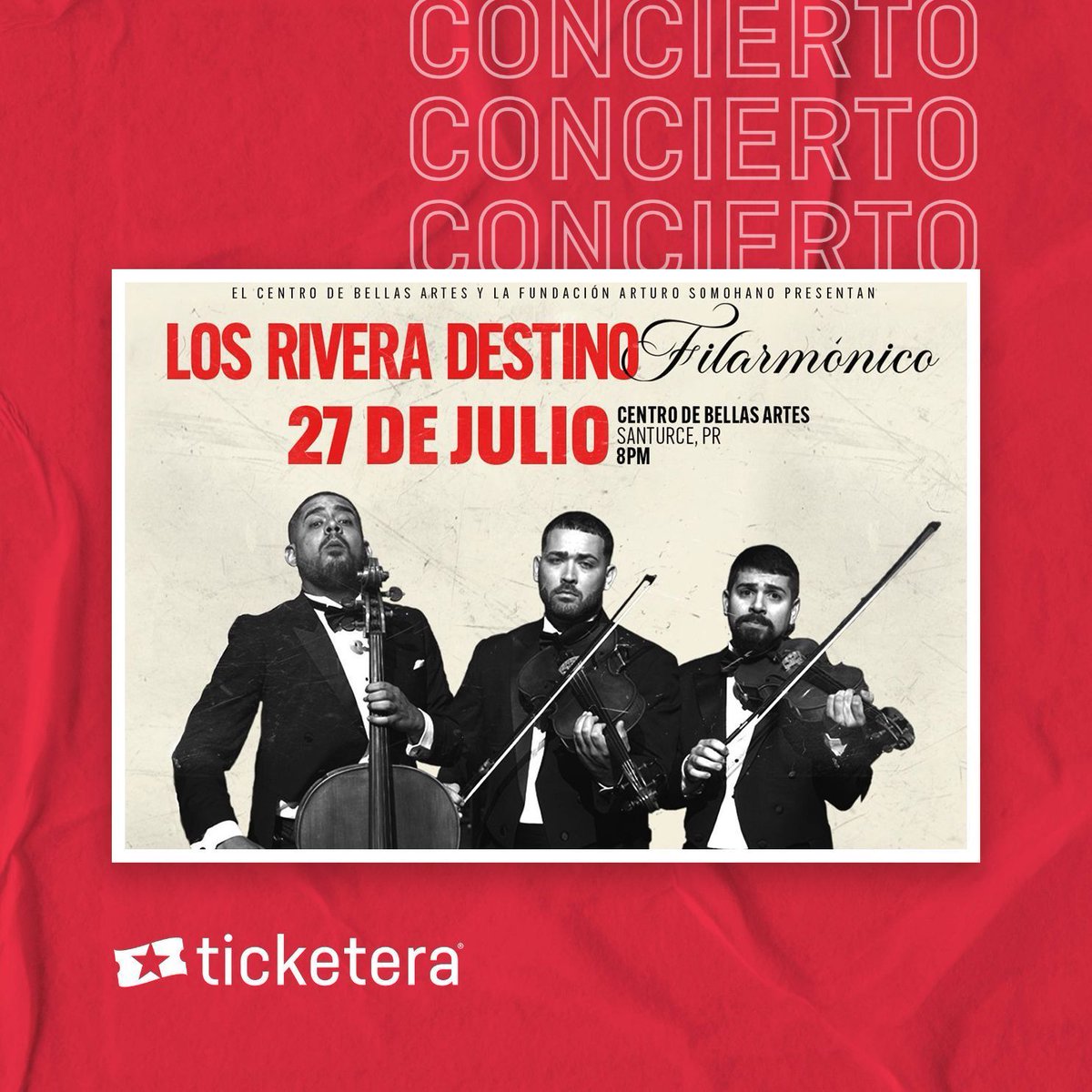 Los Rivera Destino Filarmónico 🎻🎶🇵🇷

El grupo popular se une a la Orquesta Filarmónica de Puerto Rico, en una experiencia musical única que fusiona el distintivo humor, estilo musical y perreo. 🔥 Boletos ya disponibles en ticketera.com/losriveradesti… 🎟️

#Ticketera