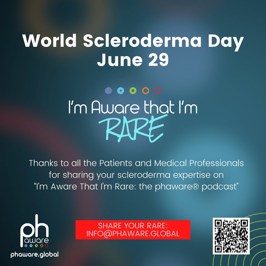 phaware's tweet photo. June 29 is World #Scleroderma Day. Thanks to all the patients and Medical Professionals for sharing your scleroderma expertise on the @phaware podcast. Like, Subscribe and Follow. Scan QR Code to LISTEN NOW. Link in bio. #phaware #pulmonaryhypertension #podcast #pulmonary #lungs https://t.co/ud61G7oC7B