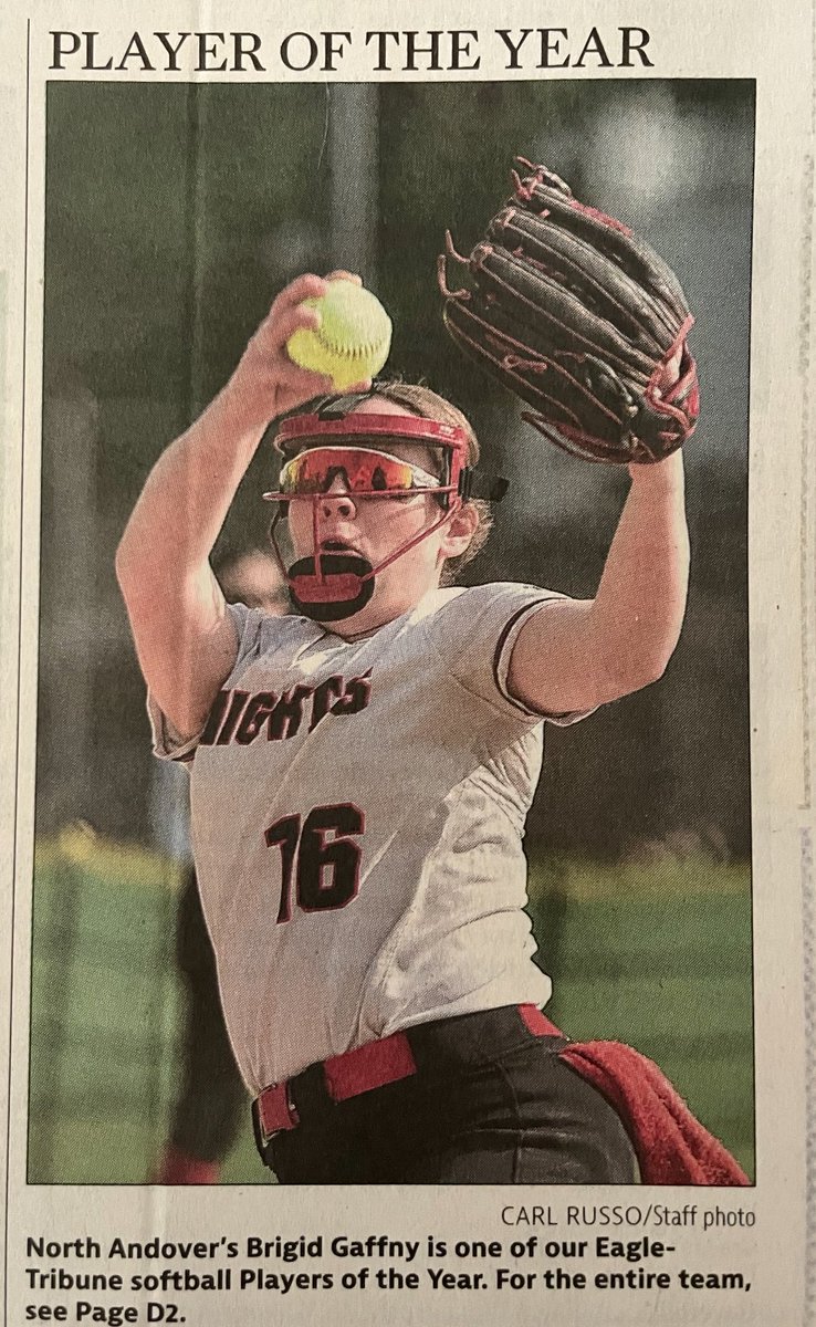 Congratulations to P 🌟Brigid Gaffny🌟on being selected 🦅 Eagle-Tribune Softball Player of the Year. Your calm and dominant presence in the circle will be missed. We know you’ll do great next year💪🏼 🥎<a href="/NA_Athletics/">Scarlet Knights</a>