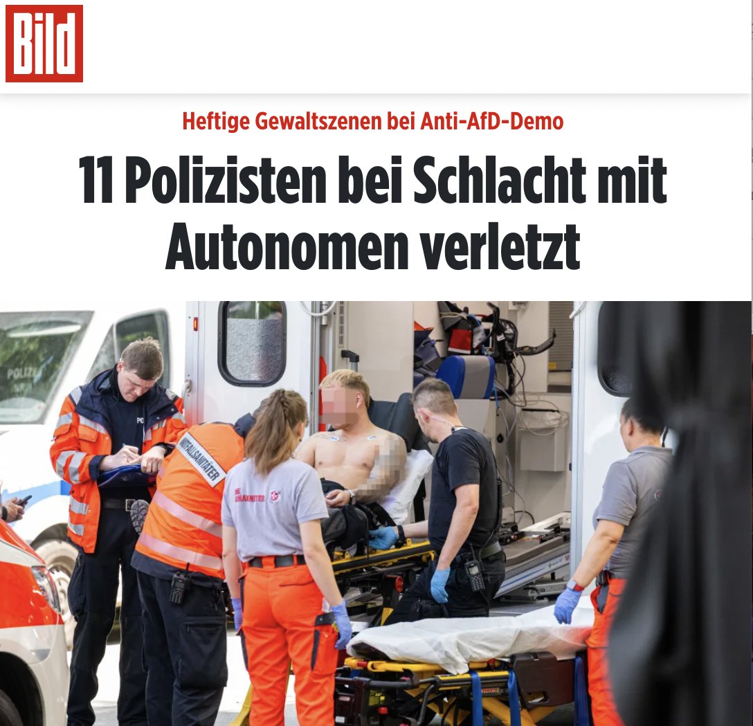 Dieter_Stein's tweet photo. Man stelle sich vor, Tausende rechtsextreme Chaoten würden einen Bundesparteitag der SPD oder Grünen blockieren, Delegierte jagen und Polizisten verprügeln: ARD-Brennpunkt, erste Meldung bei der Tagesschau, Politiker beschwörten, „die Demokratie ist in Gefahr“. #AfDBPT24 #e2906 https://t.co/1WWgialT2a