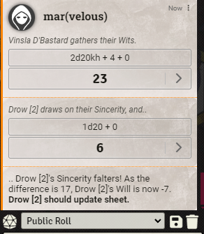 lazyplover's tweet photo. Recently swapped my DND game from Roll20 to Foundry! A lot of features are not of much interest to me, but the players are enjoying the chat system. And coding the social combat system in was a lot less emotionally harrowing than I thought, on the sheet and in the rolls. https://t.co/oXbkBl4Y3n