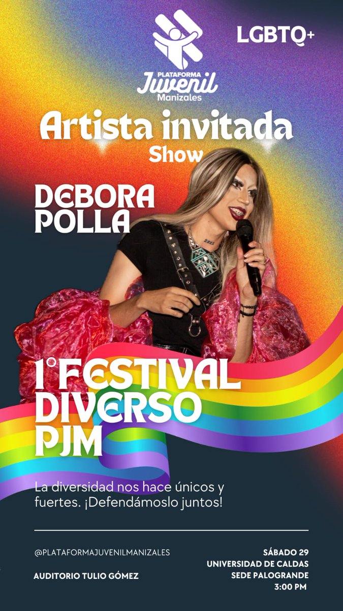 La diversidad, el respeto y la lucha por la igualdad en los derechos de la comunidad #LGBTIQ continúa.

La invitación es para que hoy no falten al I FESTIVAL DIVERSO PJM, ¡ No sé lo pierdan ! 💜💚🩵💛💙❤️