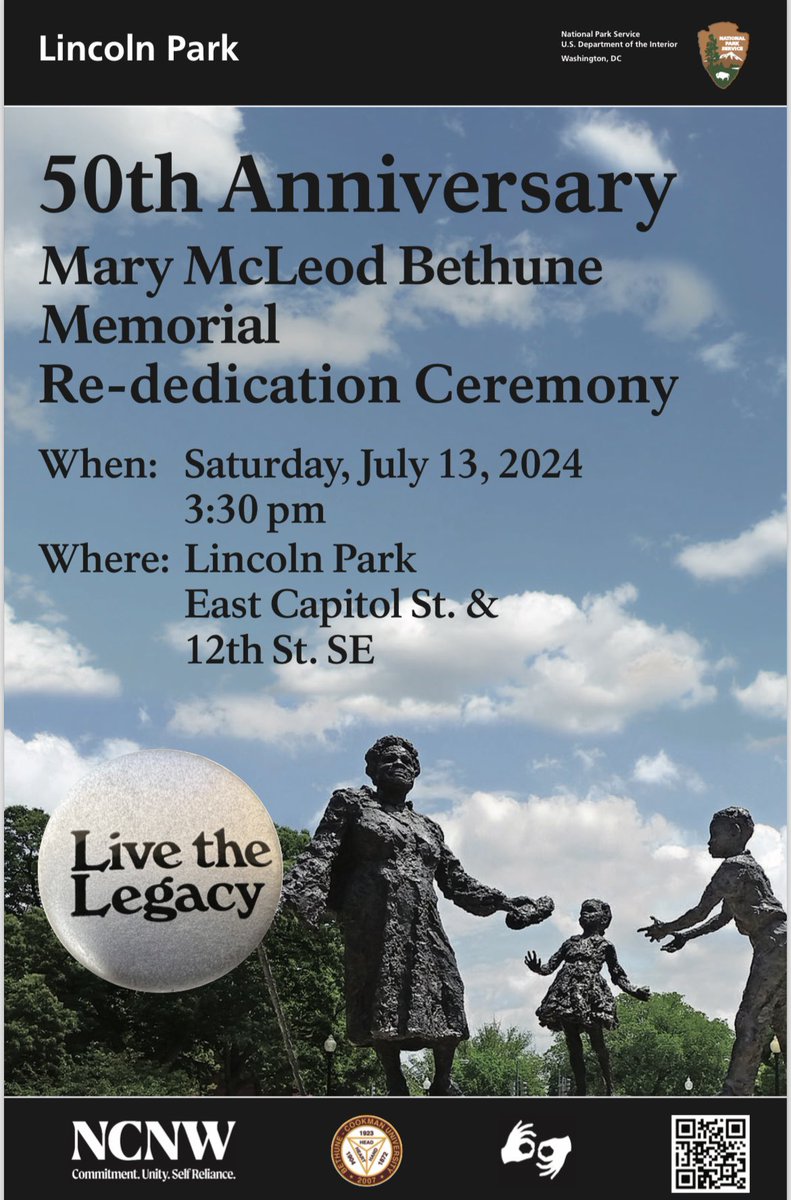 Join us on 7/13 as we celebrate the 50th anniv. of the Mary McLeod Bethune Memorial in Lincoln Park! This was the first memorial to honor an African American &amp; a woman on federal land in a public park in D.C. #MaryMcLeodBethune #BlackHistory #ImbibeIt <a href="/NCNWHQ/">NCNW Headquarters</a> <a href="/bethunecookman/">Bethune-Cookman</a>