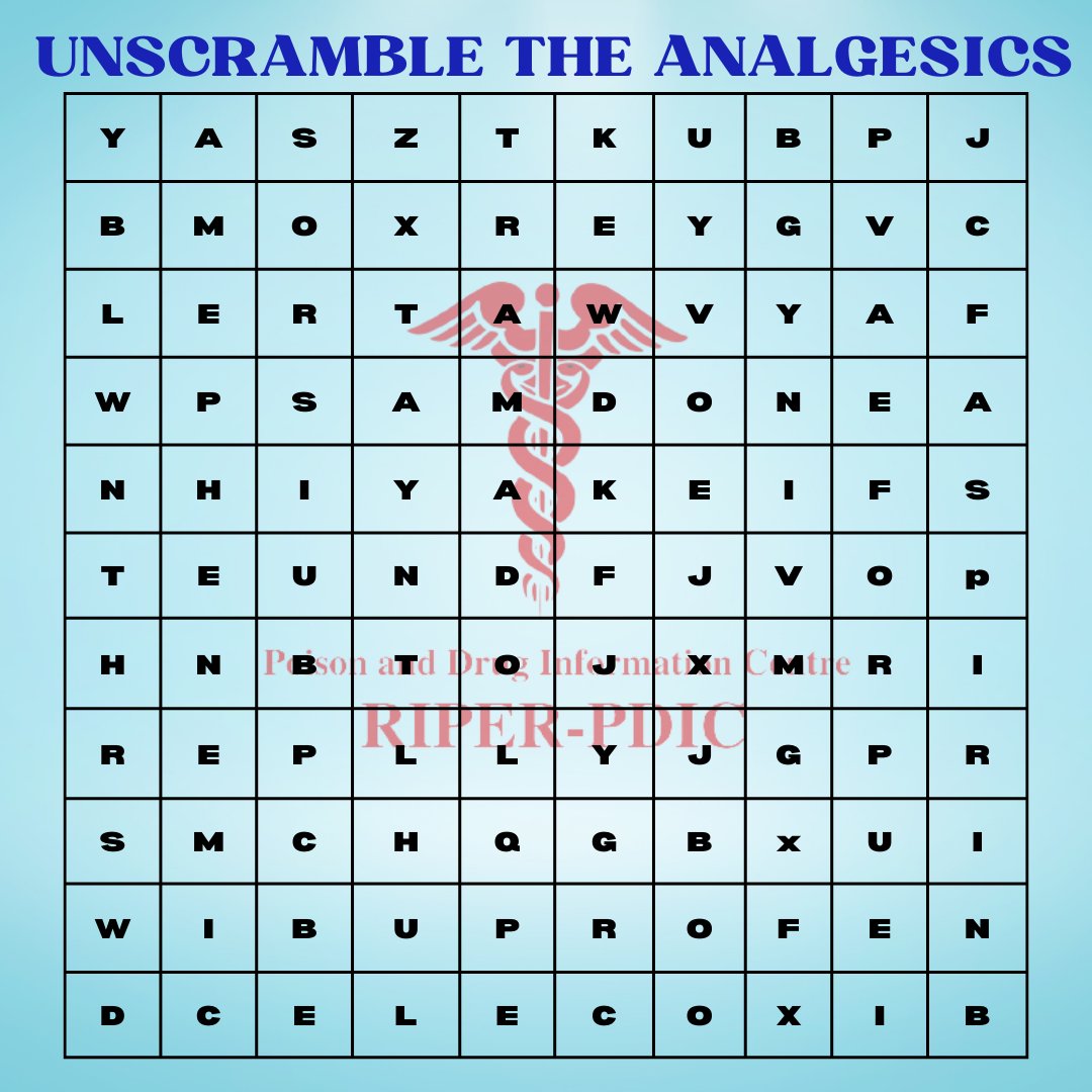 PDIC_RIPER's tweet photo. Test your brain power! 🧠 Unscramble the analgesics and show us your smarts! 🤓 
#PainReliefPuzzle 
#MedicineMindgame
#analgesics 
Comment your findings 🔍💡 https://t.co/NlbBnOT7r4