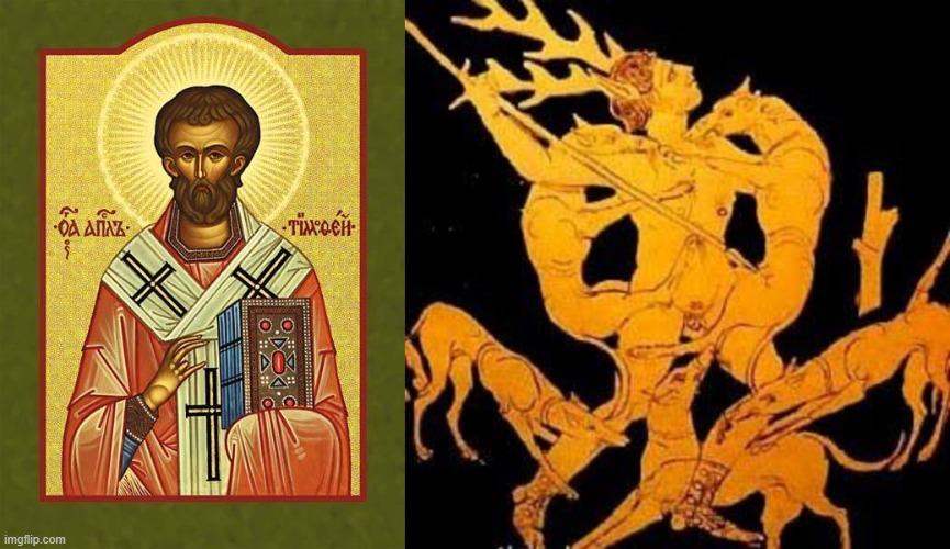 GnomonChronicl1's tweet photo. #MemoToSelf #ToDo 
Reboot "Acts of Timothy" 

97 AD:   The 80-year-old bishop tries to halt a procession in honor of the goddess Diana by preaching the Gospel.  The angry pagans call upon Diana, who transforms Timothy into a stag (who is promptly set upon by his own dogs). https://t.co/3Ig5fnUj0s