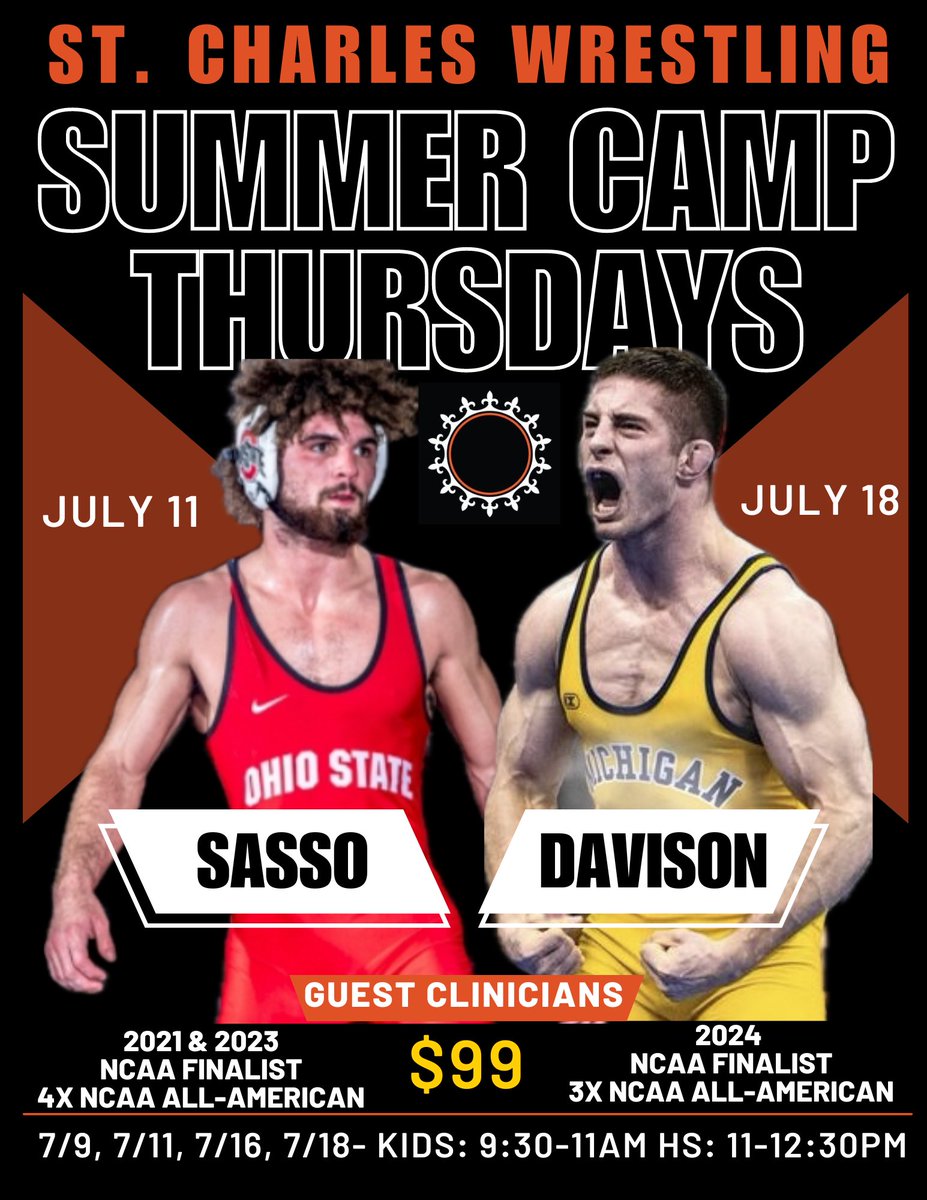 The St. Charles Wrestling Team Camp starts on July 9th! We’re incredibly honored to have an all-star cast of clinicians this year and the camp will be 4-days, running on July 9th, 11th, 16th, and 18th. 

SIGN UP NOW!
stcewrestlingclub.sportngin.com/register/form/…