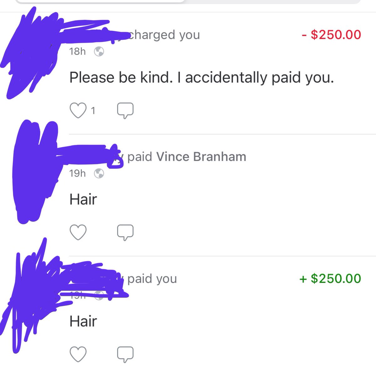 VinceBraham's tweet photo. Gotta be one of the funniest interactions ever. I was pretty confused until I looked at the name of who she paid next

But also DAMN women’s hair is expensive because $250??? https://t.co/o9xQa28Ebr