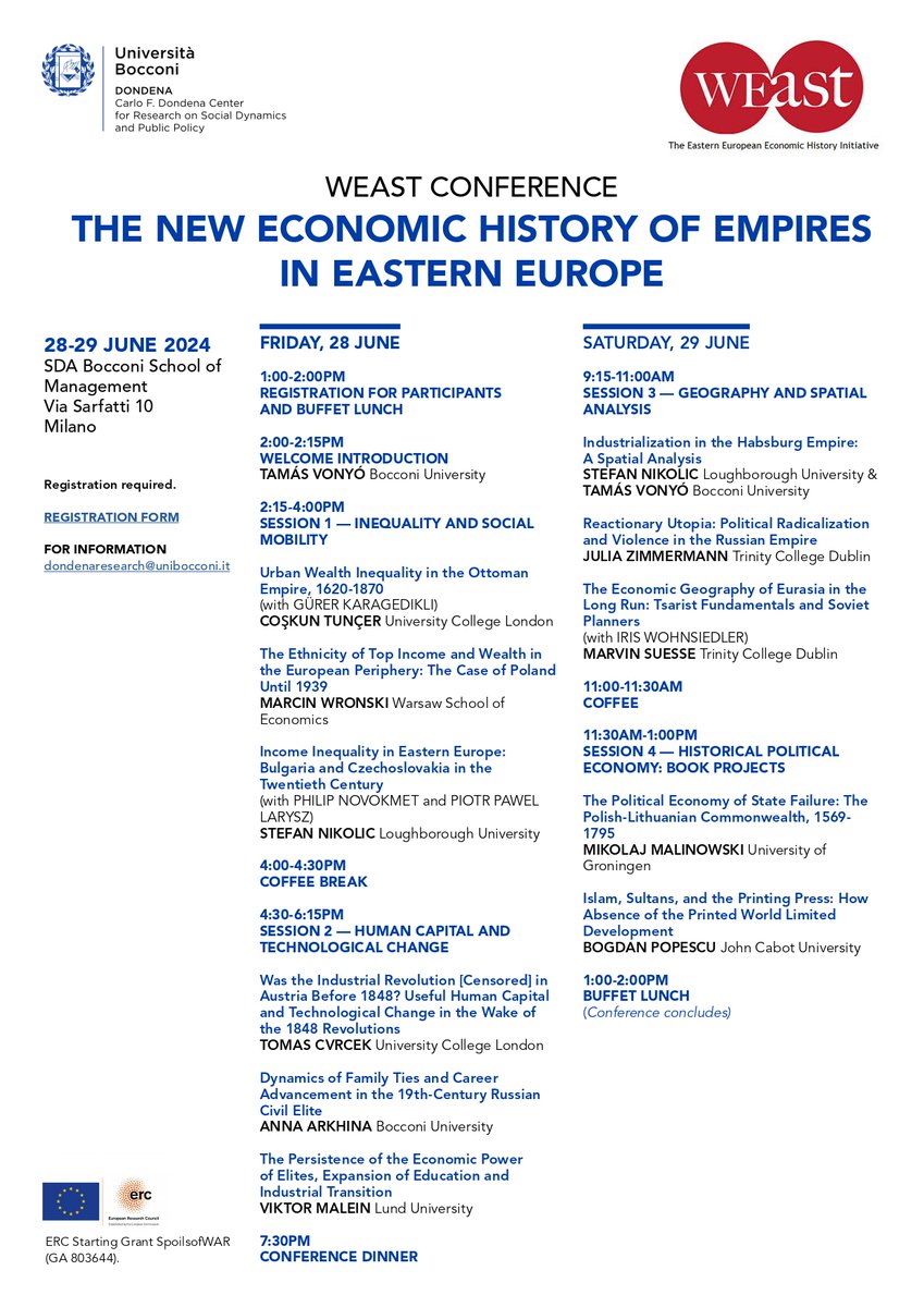 DrStefanNikolic's tweet photo. Happy to be part of the #WEast conference @Unibocconi. Looking forward to our next event in Dublin @ceph_ie with keynote @essobecker. Programme available soon.
#EconHistory #EconTwitter #Economics https://t.co/gBExXojfOY