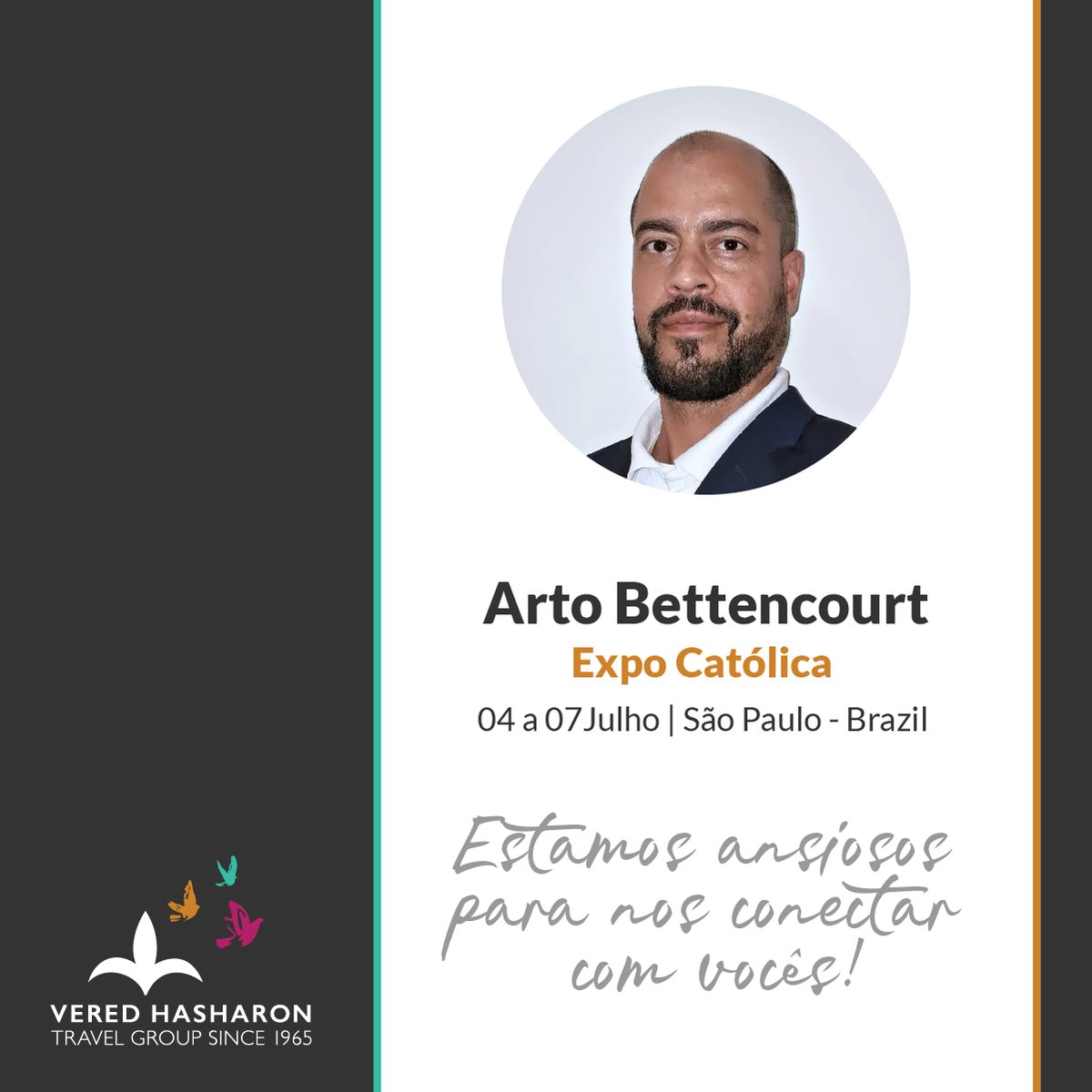 veredhasharon's tweet photo. Nosso Gerente de Vendas no Brasil, Arto Bettencourt, estará atendendo a feira Expo Católica em São Paulo de 04 a 07Julho. Ele estará divulgando nossos roteiros de peregrinação pela Europa e Terra Santa. 
We will attend Expo Católica in São Paulo from July 4th to 7th. https://t.co/kyiDjbcySP