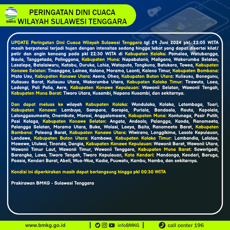 infoBMKG's tweet photo. Update Peringatan Dini Cuaca Wilayah - Sulawesi Tenggara Tgl. 29 Juni 2024 pkl. 22:30 WITA
Prakirawan - BMKG - Sulawesi Tenggara
https://t.co/VNHmSM06Jl https://t.co/BTxPaUE5JM