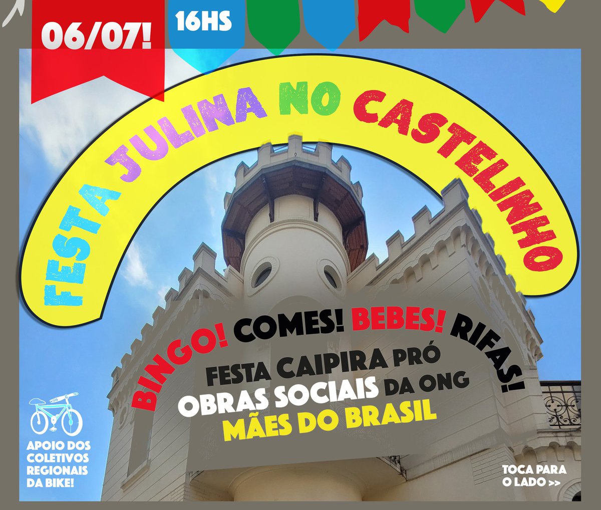 CicloCentro_SP's tweet photo. FESTA JULINA DOS COLETIVOS DA BIKE! 

Dia 06/07, tem arraial no Castelinho da r. Apá, centro de SP. Os coletivos regionais da Bike te convidam a participar e
@renatafalzoni puxa um pedal até lá saindo da pça dos ARCOS.

Tda arrecadação é destinada a ONG MÃES DO BRASIL!
Bora Lá! https://t.co/3b4JGEBnSc
