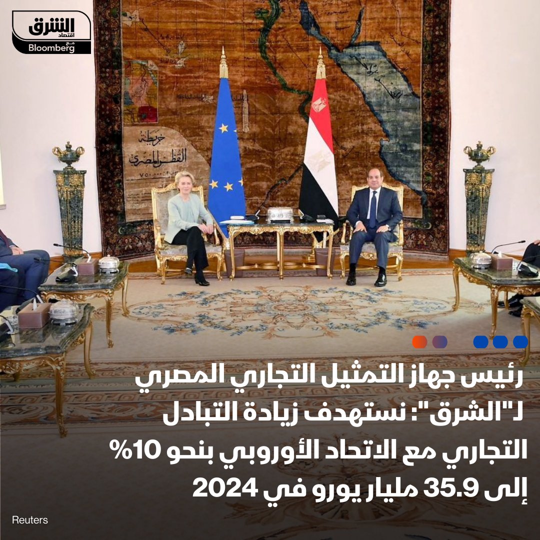 يحيى الواثق بالله، رئيس جهاز التمثيل التجاري المصري لـ "الشرق": نستهدف زيادة التبادل التجاري مع دول الاتحاد الأوروبي بنحو 10% إلى 35.9 مليار يورو في 2024،  بدعم من استقرار سعر صرف #الجنيه، وزيادة السيولة الدولارية، وحل مشاكل استيراد السلع الوسيطة للقطاع الصناعي
1/2
#الشرق_مصر