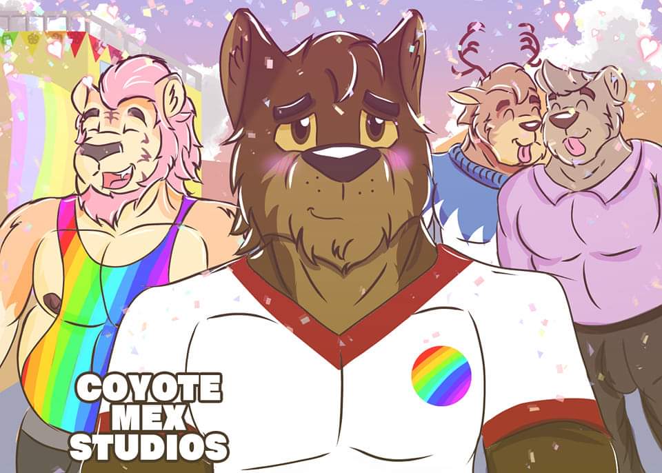 CoyoteMexStudio's tweet photo. Una bella imagen que hice hace tiempo, mi coyote disfrutando de la marcha acompañado de su papi tigroso @jeffer_sauth y unos muchachos más, espero que les guste
#PrideMonth #furry #furryfandom #furryarwork https://t.co/EBkJFdB1LA