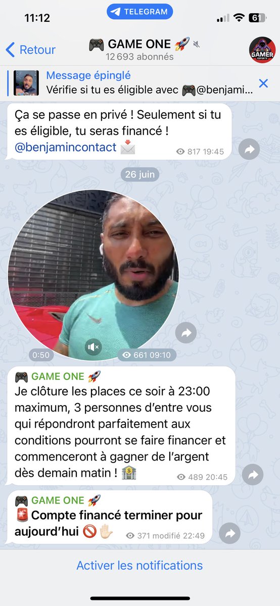 Et vous pouvez voir aussi qu’il me relance le lendemain, sur la vidéo tellement ils ont faim d’argent car sur leur telegram , très peu les regarde - de 1000 personnes et il vous dit bien que les comptes financiers sont terminés, chose qui n’est pas vrai